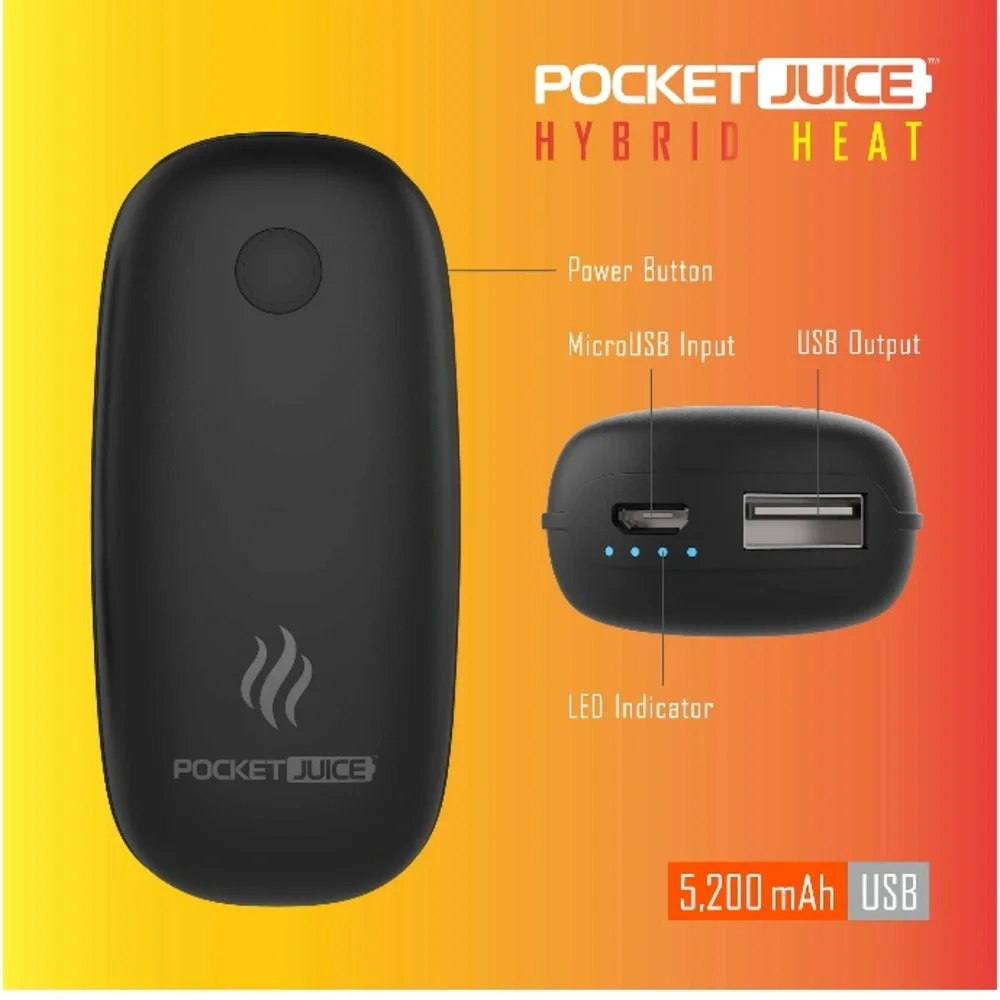 Pocket Juice Hybrid Heat, Rechargeable Pocket Hand Warmer and 5200mAh USB Power